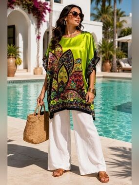 Y2K Lime Green Satin Kaftan Tunic Boho Floral Paisley Oversized Resort Top S/M